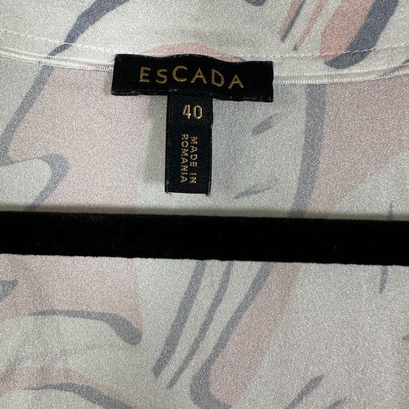 Escada 100% Silk Pink White Grey Abstract Print Blouse Women's Size 40 US 10 - Picture 7 of 9
